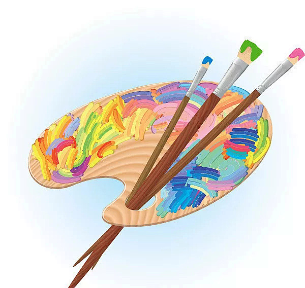 调色板画笔办公用品|笔触|调色板|画笔|三只笔|生活百科|矢量素材|水粉笔|颜料|颜色|油画笔-花瓣网