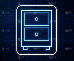 发光的霓虹灯线抽屉与文件图标孤立的砖墙背景。归档文件的抽屉里。文件柜的抽屉里。办公家具。矢量图