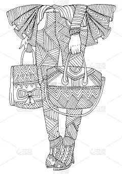 矢量手画女性的腿在高跟鞋的鞋子。穿着图案牛仔裤拿着手提包和礼品袋的女人。时尚插画。图案着色页成人节日