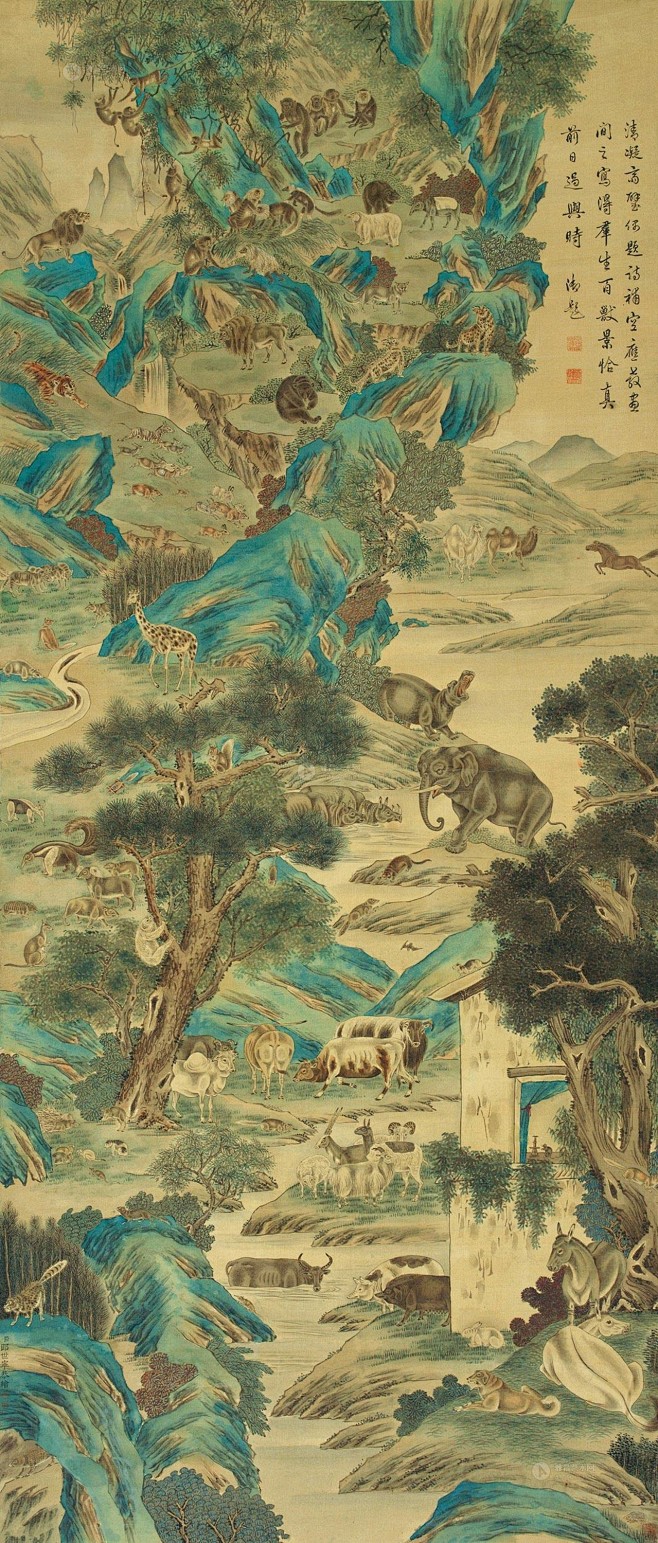 郎世宁传百兽图百寿动物山水立轴欣赏