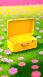 A-open-empty-yellow-suitcase-on-the-wide-grass-surrounded-by-flowers--in-front-view--high-view--the-suitcase-is-empty-inside--with-pink-background--in-the-cartoon-style--rendered-in-C4D--as-a-3D-scene (1)