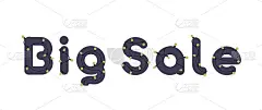 大销售刻字。带花环的蓝色字母。花环和灯泡。现成的广告文字。向量。