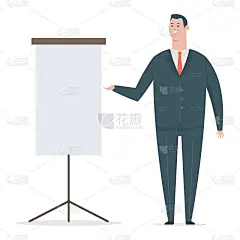 穿着西装，带着展板的快乐商人。矢量平面卡通办公室工作人员角色孤立在白色背景。