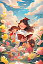 创意插画教师节老师学生鲜花彩带草地彩色天空宣传背景图
