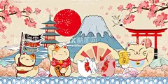 招财猫富士山背景画  - 源文件下载【酷图网】招财猫,富士山,日系,饭店背景,壁纸,动漫,漫画