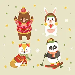 表情包 吉祥物 卡通形象 动物 狐狸 熊 兔子 滑雪 卡通 手绘 雪花 