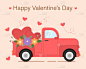 情人节。一辆小货车，车身有心形和花朵。明信片的设计。网站上的横幅。矢量图