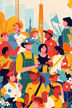 手绘五一劳动节扁平化人物插画