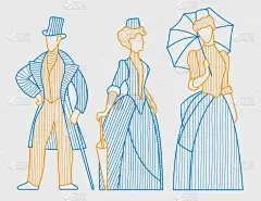 19世纪穿着衣服的女士和真人线性数字。街道人物的框架。矢量图形