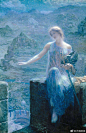 英国画家Edward Robert Hughes (British, 1851-1914) 休斯的画既追求完美，又非常灵透、恣意。画家很喜欢用金色、蓝色，不像克里姆特帝王式的奢华，却暮色灯火般的诱人与温暖。《The Valkyrie's Vigil 瓦尔基丽的守夜》《仲夏之夕 Midsummer Eve》... ​ ​​​​