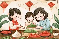 端午包粽子阖家团聚粽叶插画