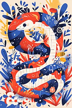 扁平风蛇年手绘色块插画