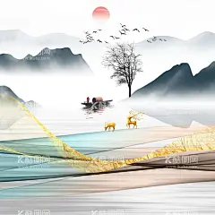 山水简约中式挂画装饰画  - 源文件下载【酷图网】唯美,简约,水墨风景画,山水艺术画,高清装饰画,船,轻奢艺术画,高清水彩画,中式风景画