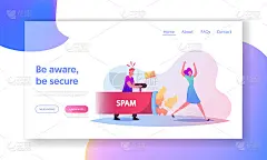 垃圾邮件和信息垃圾着陆页模板。小男性角色用大管子里的信封射击，电子邮件信息，