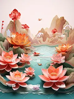 莲花工艺纸插图玉，风景，乌云，中国风，水彩画海报