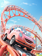 3D modeling poster, an oversized roller coaster rushing out of the scene, super perspective, empty seats on the car, through the grass, cartoon buildings in the background, light blue sky, white clouds, c4d, oc renderer, high definition, 8k