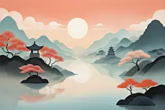 古墨国潮风扁平山水意境插画