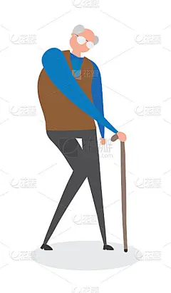 老人拄着拐杖走路，手绘矢量图。
