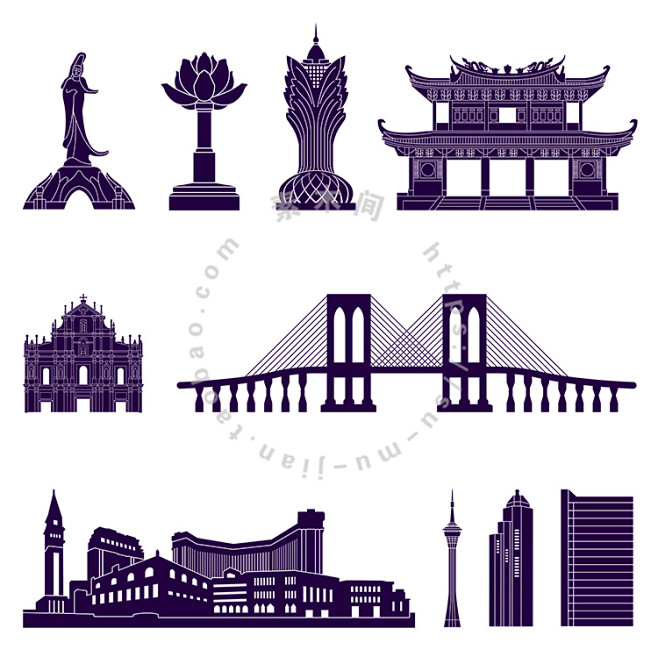 澳门地标性建筑剪影图标 大三巴观光塔新葡...