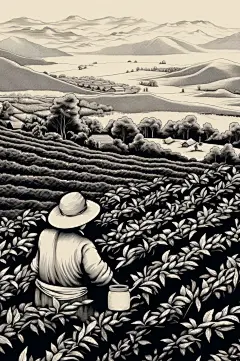 AI数字艺术复古铜版画茶园茶叶插画-众图网