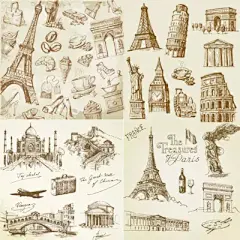 手绘线描巴黎铁塔矢量素材 复古线描矢量素材 欧式建筑矢量素材-淘宝网