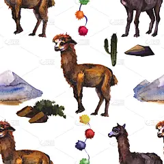 水彩羊驼野生羊驼无缝图案。喇嘛是南美的象征。可爱快乐的羊驼手绘插画创意绘画背景