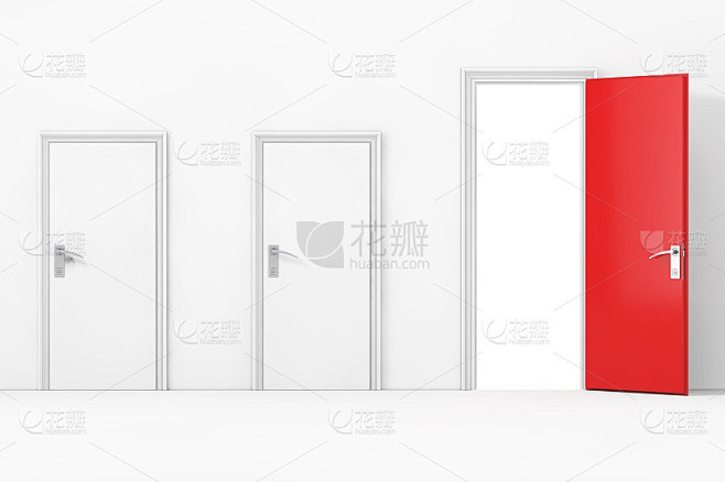 三间商务办公室的门，一个大的，主要的，开放和红色在前面的墙。3d渲染