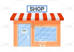 线下店铺建筑外观，店内付款。商业贸易。小商店在家里。矢量平面插图