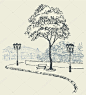矢量城市景观。舒适的角落市: 一棵大树和沿通往老城广场公园附近的人行道上的灯笼下的长凳上