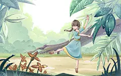 蓝色绿色治愈风格节气白露女孩树林跳舞手绘插画背景
