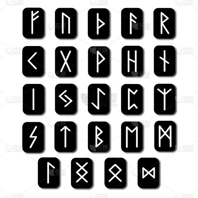 符文一组字母，符文字母表。古代北欧文字的字母。古代写作。看的。向量