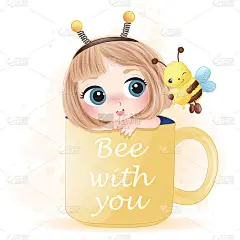 可爱的小女孩坐在杯子里玩蜜蜂