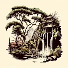 水彩画  - 源文件下载【酷图网】风景水彩画,水彩画,古风山水画,水墨山水,国风插画,山水插画,风景插画,亭子,瀑布,水彩画村庄,喷溅画,水墨画,水墨素材,矢量图