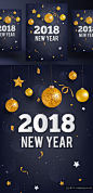 2019年黑金圣诞节新年快乐矢量插图海报素材 Happy New Year Party 2019 :  