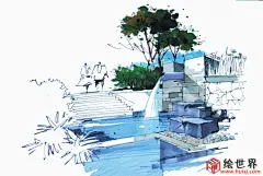 陈红卫景观手绘教程步骤，从线稿到上色，水景手绘表现