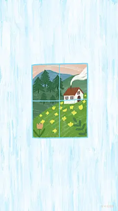 @时光投影 原创插画 窗外的春天 小清新花草小房子 手机壁纸