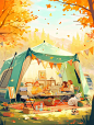 露营场景插图，秋天露营帐篷，野营车，山，宠物，帐篷，野餐，欢