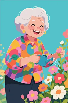 卡通老奶奶浇花插画