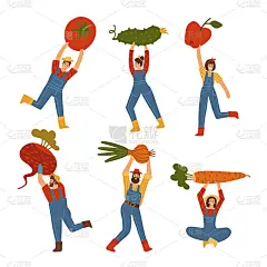 微小的男性和女性的人携带巨大的蔬菜和根，男人和女人农民字符收获集。矢量平面手绘插图