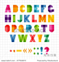 Colorful funny geometric alphabet with overlap effect, vector illustration. For kids birthday poster or logo.