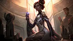 General 7680x4320 Mel (League of Legends) League of Legends digital art Riot Games GZG video games video game characters 4K video game girls sitting dark skin dreadlocks closed mouth earring yellow eyes backlighting looking at viewer bokeh low-angle brune