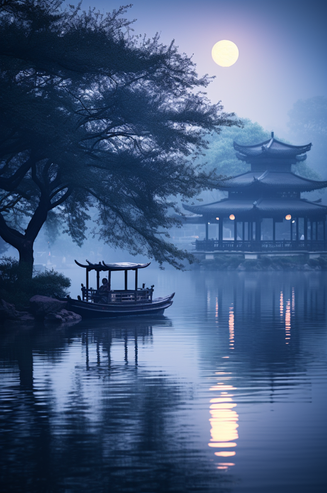 AI数字中秋节月亮水面思乡氛围摄影图-众...