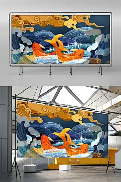 中国风国潮锦鲤金鱼手绘插画-众图网