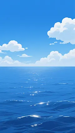 极简主义风格的大海主题插画，画面下方是平静深邃的蔚蓝色海面，波光粼粼，有轻微的波纹和阳光反射的亮点，海平线清晰地将海面与天空分隔开，天空占据画面上方大部分区域，呈现由深到浅渐变的纯净蓝色，几朵形态蓬松、边缘柔和的白色积云散布在天空中，整体色调清新明快，光影柔和，营造出宁静、开阔、自由的氛围，具有高度的视觉简洁性和现代设计感。