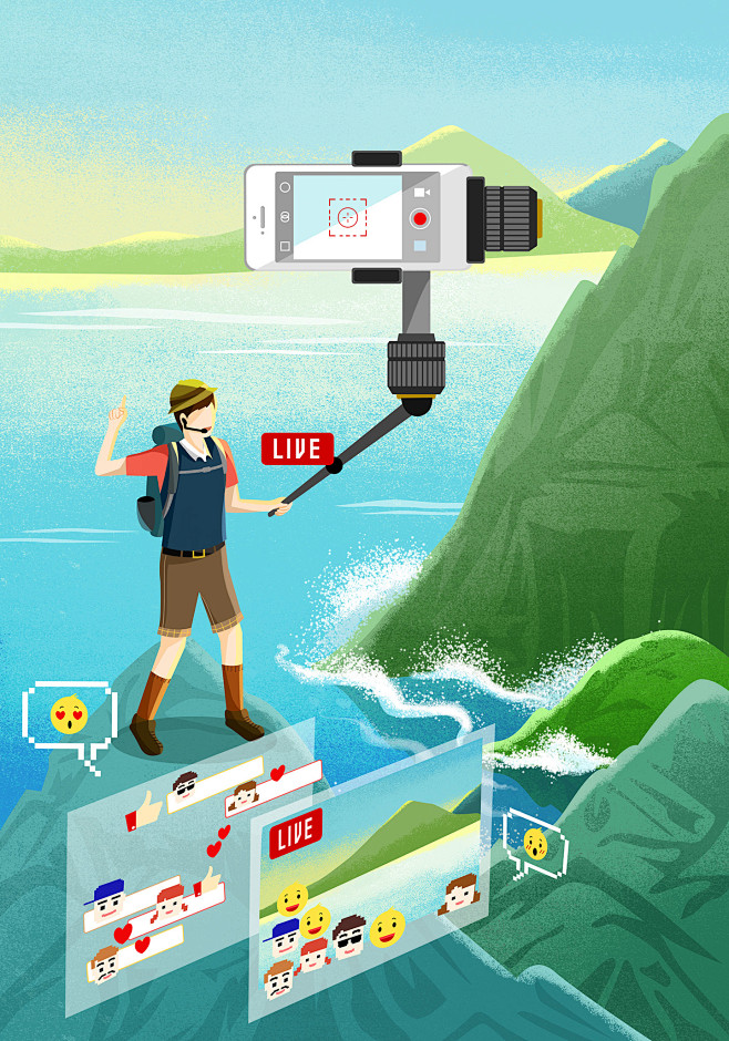 旅行直播自拍直播手绘人物现代生活插画插图设计psdti079a9404