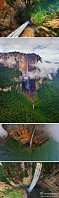 委内瑞拉境内世界最高的瀑布“Angel Falls”。由于高度过高，以致于瀑布的水很难真正落到谷底，而是被风吹散在半空中。