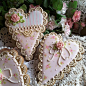 Pale pink Valentine hearts with crocheted ivory lace, painted country roses, pink roses, pearls by Teri Pringle Wood: