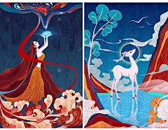 中国风中式古代神话传说嫦娥奔月手绘插画国潮背景PS海报设计素材-淘宝网
