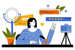 图源免费EPS文件 |博主网络概念。女子为她的博客录制视频。博客、内容创作、订阅者增长、在线发展和推广。平面线条设计的网页模板矢量插图