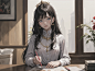 00279-882750097-On a snowy noon, a girl, wearing a golden crown, long black hair, and beautiful blue eyes, looked at the camera from the front,
